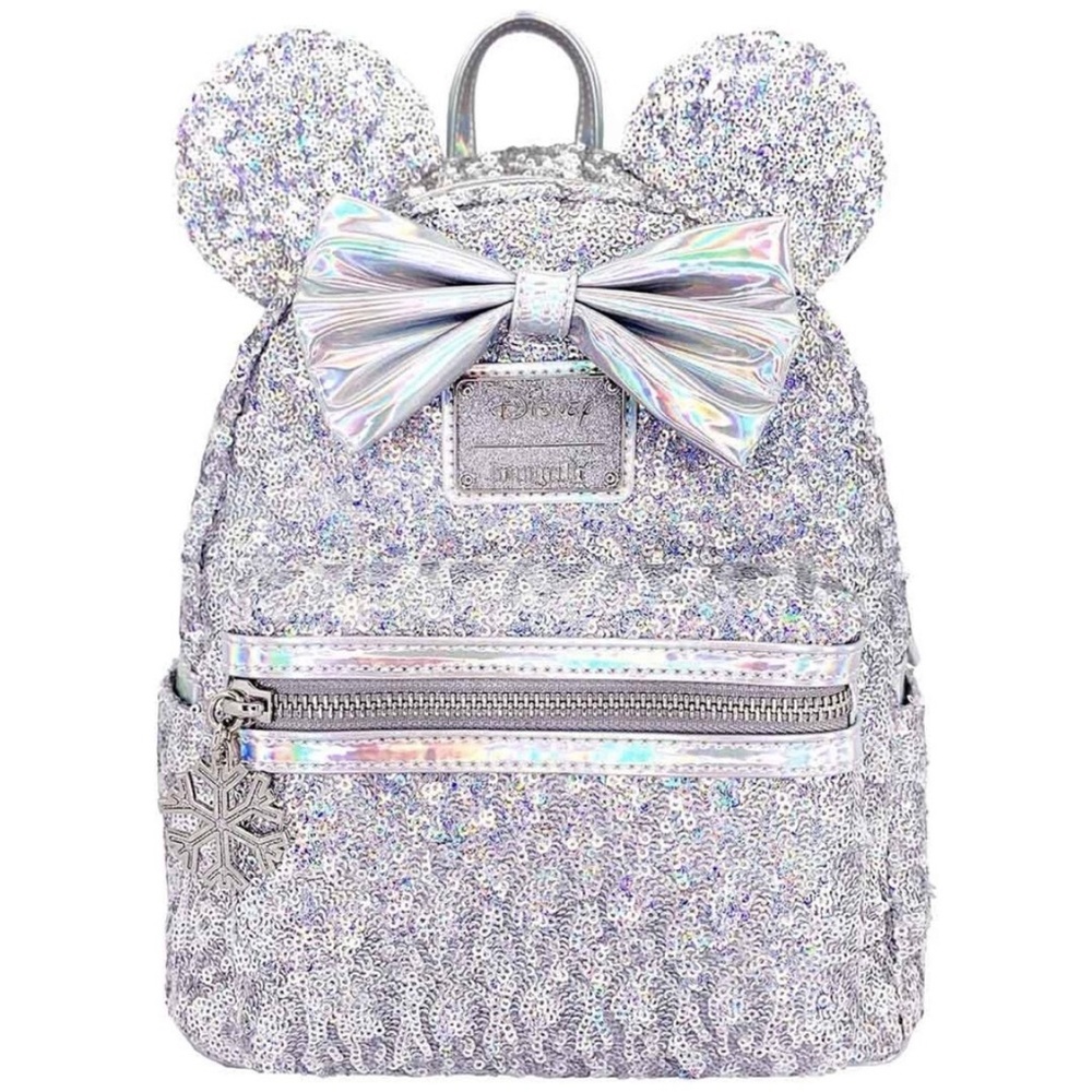 Loungefly Disney parks Minnie Mouse ears sequin snowflake holographic backpack